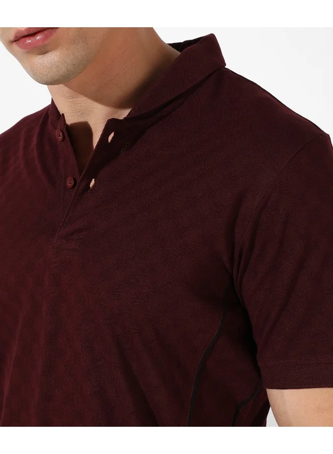 Campus Sutra Men's Maroon Textured Regular Fit Casual T-Shirt