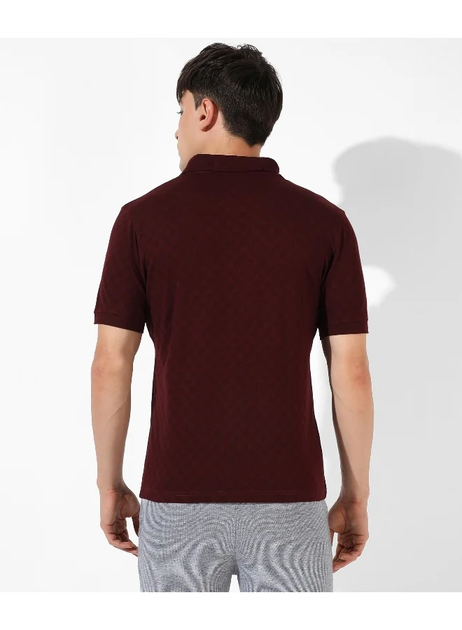 Campus Sutra Men's Maroon Textured Regular Fit Casual T-Shirt