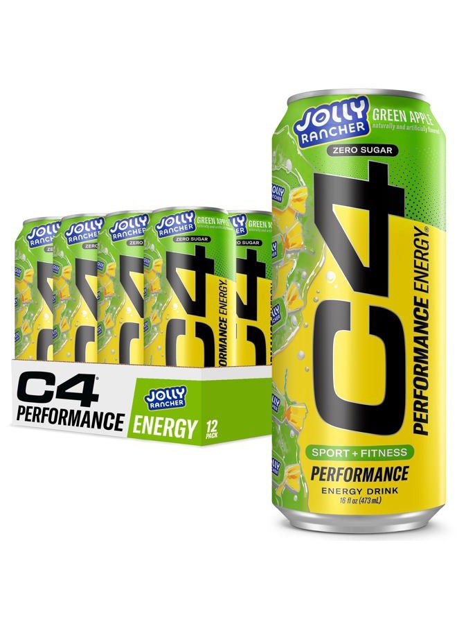C4 Performance Energy Drink, Jolly Rancher Green Apple, Zero Sugar Carbonated Preworkout Energy, 200mg Caffeine with Beta Alanine, 16 Fl Oz (12 Pack) - Image 1