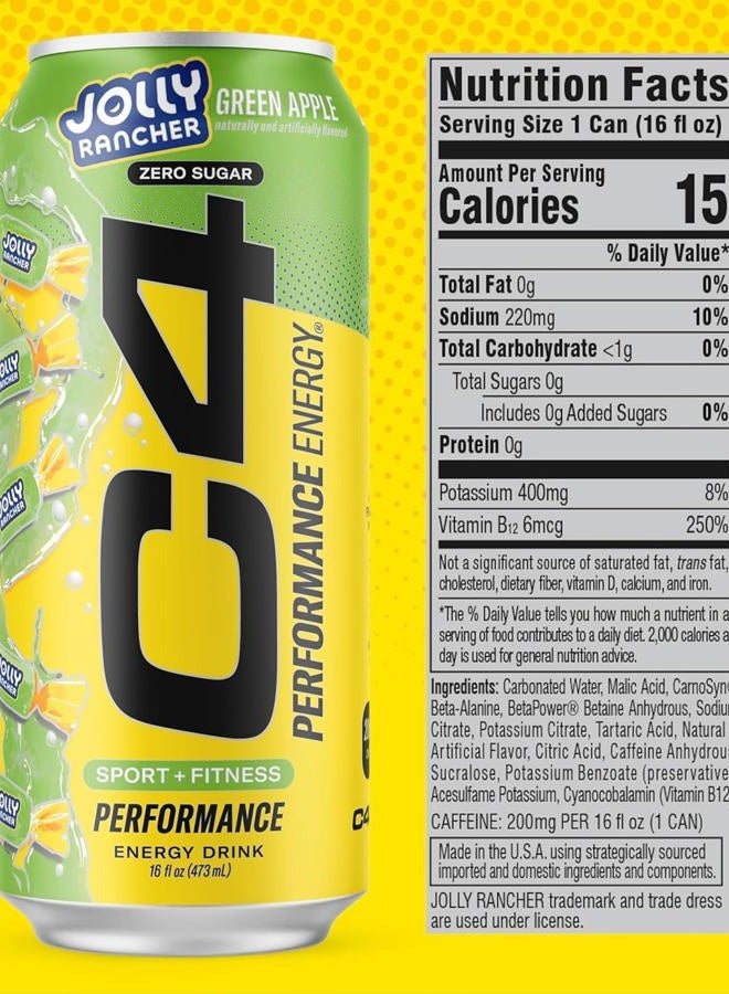 C4 Performance Energy Drink, Jolly Rancher Green Apple, Zero Sugar Carbonated Preworkout Energy, 200mg Caffeine with Beta Alanine, 16 Fl Oz (12 Pack) - Image 2