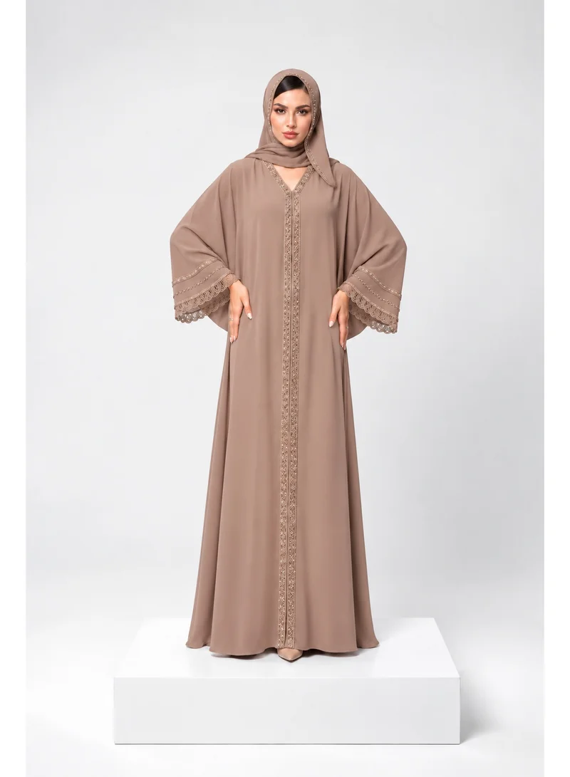 Ophelia Amélie Pearl Luxury Abaya with Embellished Lace Cuff Design, Taupe