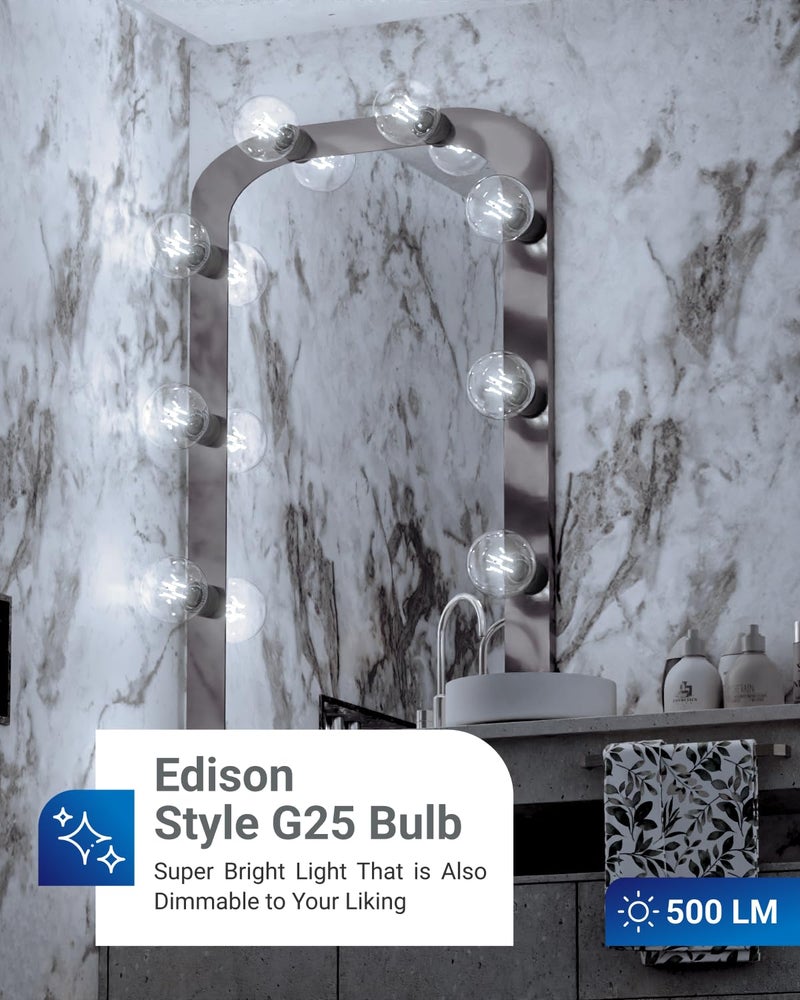 Sunco Lighting Sunco 6 Pack G25 LED Light Bulbs, Filament Edison Globe, Vanity Lighting Bulb for Bathroom Bedroom, 500 LM, 5W (60W Equivalent), 5000K Daylight, Dimmable, E26 Base, Clear UL - Image 2