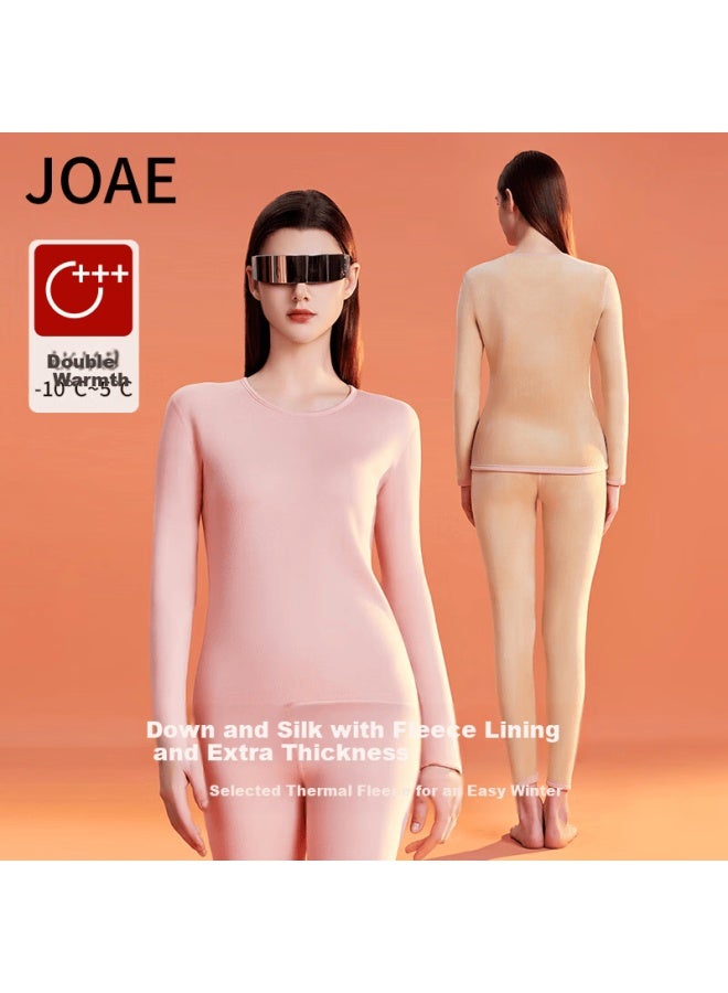 Joae Women's Down Silk Thermal Underwear Thickened Fleece Autumn Winter Base Layer Set