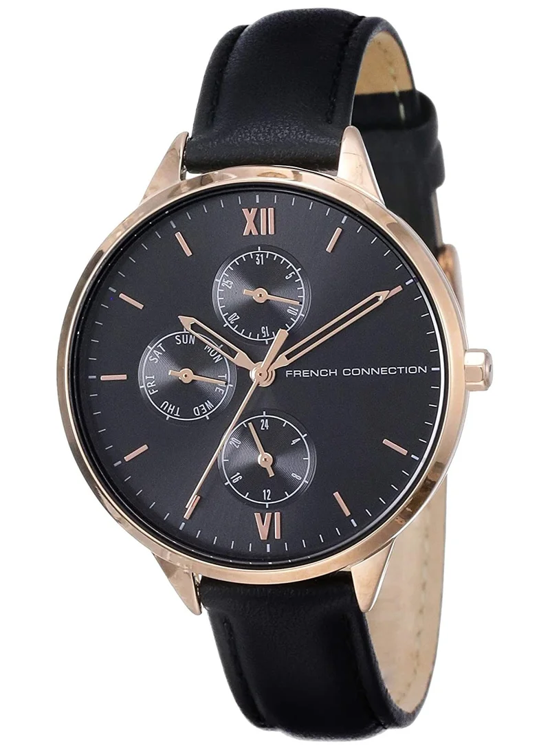 فرنش كونكشن Women's 36.5mm Multifunction Watch with Black Leather Strap