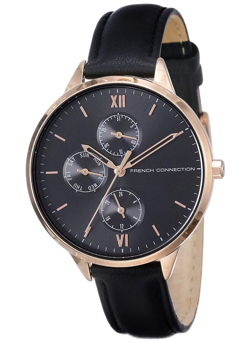 French Connection Women's 36.5mm Multifunction Watch with Black Leather Strap - Image 1