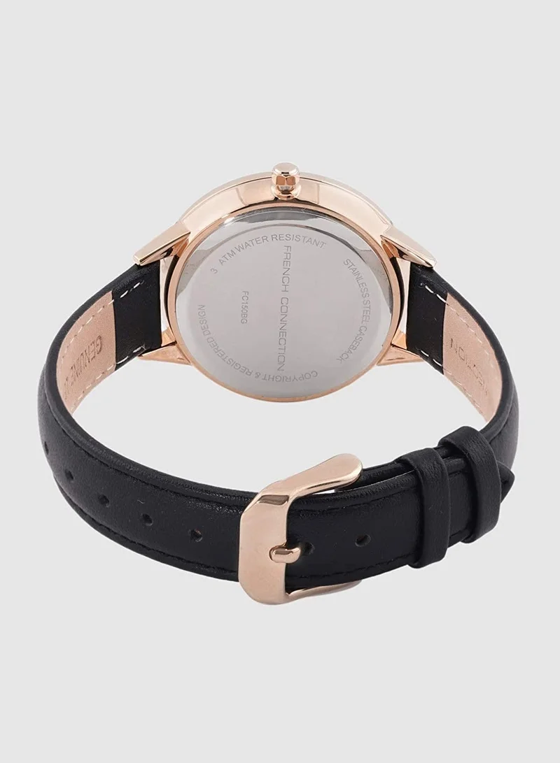 French Connection Women's 36.5mm Multifunction Watch with Black Leather Strap