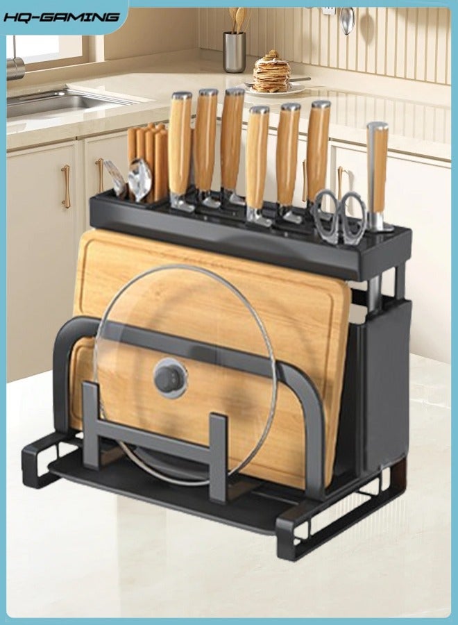 HQ-GAMING Kitchen Utensil Holder, Stainless Steel Universal Knife Holder, Kitchen Storage Rack with Cutting Board Stand, Storage for Chopsticks, Knife, Fork, Dishcloth - Image 1
