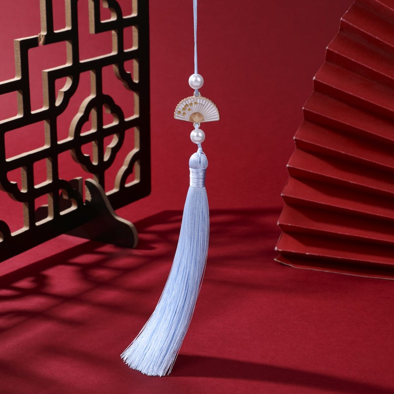 Generic Pearl White Fan Tassel Chinese Hanfu Car Pendant Light blue
