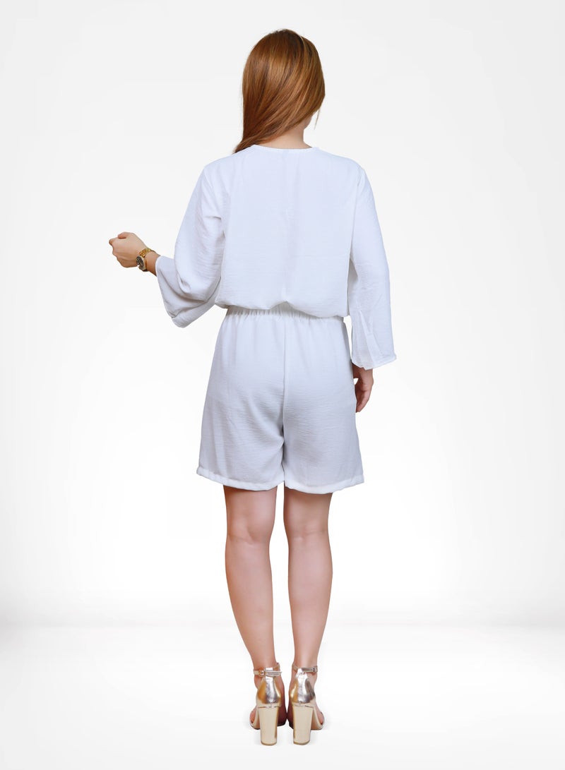 Veronica Women's Overlapping Crop Top and Shorts Co-ord Set- White  - Image 2