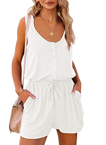 Mafulus Womens Summer Scoop Neck Button Down Sleeveless Jumpsuit Rompers Adjustable Waist Short with Pockets - Image 2