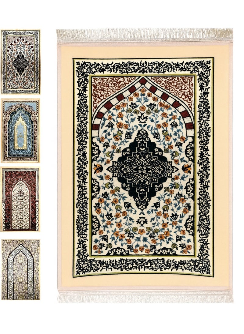 Fabienne Islamic Prayer Mat 70x110cm Smooth Velvet Texture Anti-Slip Premium Prayer Rug Compact Size Musalla for Men Women Kids Eid Gift Ramadan Carpet Off White Random Prints - Image 1
