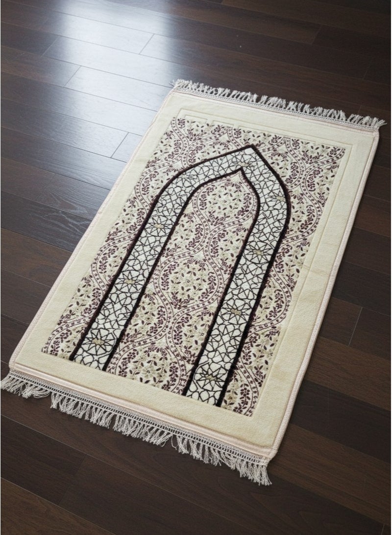 Fabienne Islamic Prayer Mat 70x110cm Smooth Velvet Texture Anti-Slip Premium Prayer Rug Compact Size Musalla for Men Women Kids Eid Gift Ramadan Carpet Off White Random Prints - Image 3