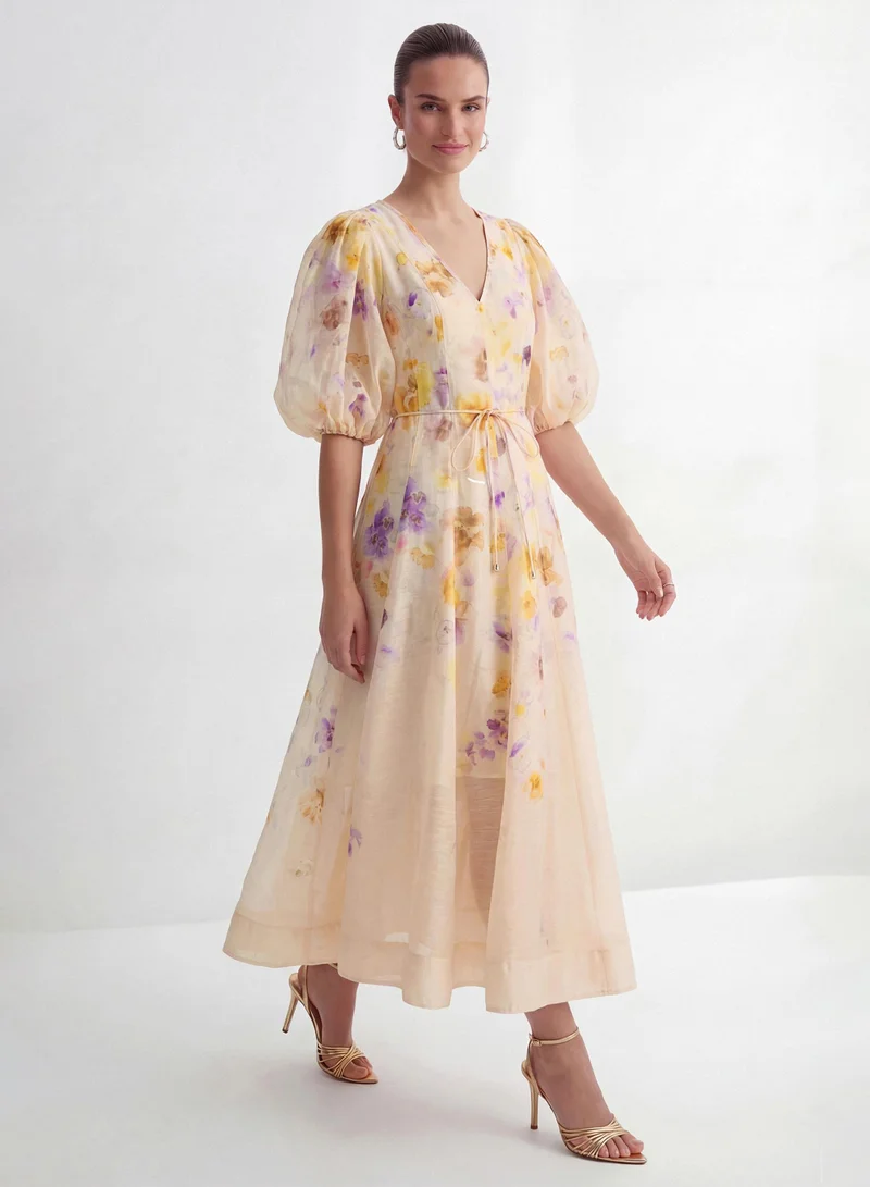 Sunfere Summer Invite Apricot Floral Print Puff Sleeve Maxi Dress