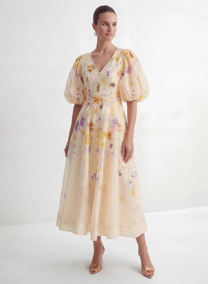 Sunfere Summer Invite Apricot Floral Print Puff Sleeve Maxi Dress