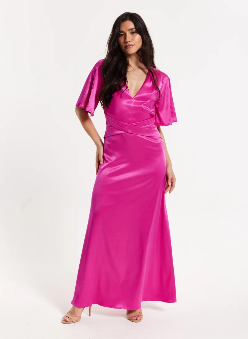 Liquorish Short Sleeve Dark Pink Maxi Dress
