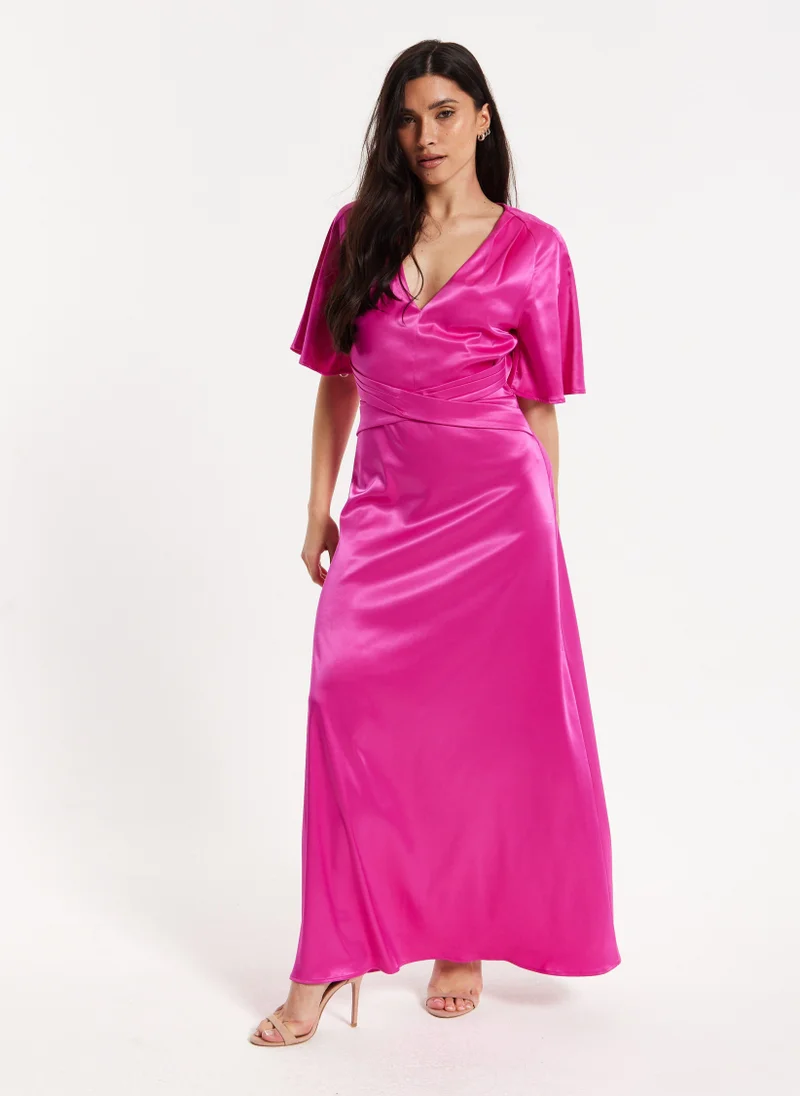 Liquorish Short Sleeve Dark Pink Maxi Dress