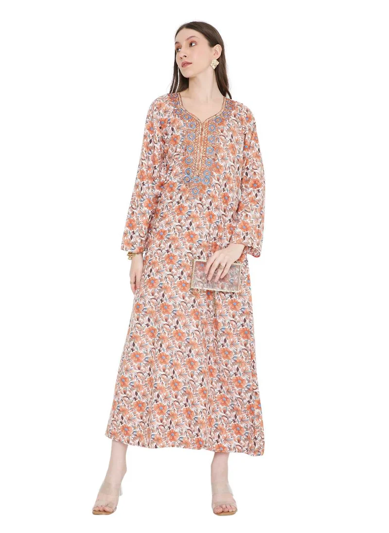 هانا آند سارا arabic kaftan jalabiya dress with a long distinctive flower print and thread embroidery