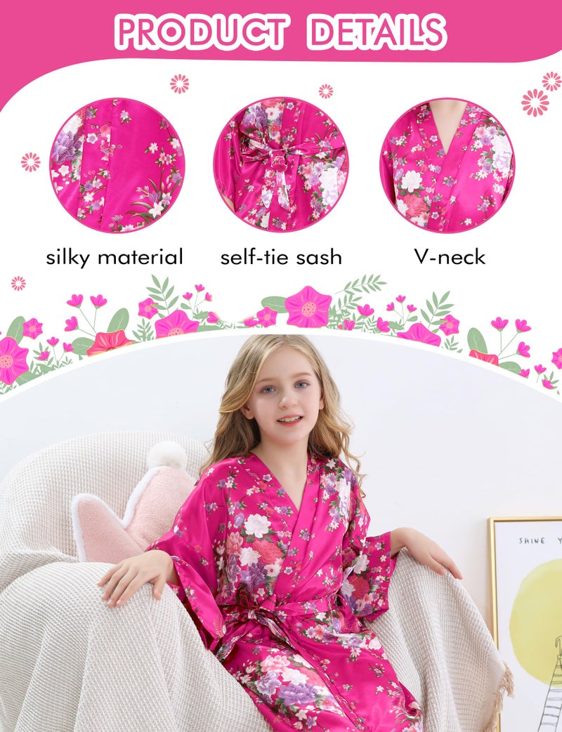 SEALINF Kids Girl's Floral Robe for Birthday Spa Parties Wedding Getting Ready Sleeping Gown (Rose, Tag 6) - Image 3