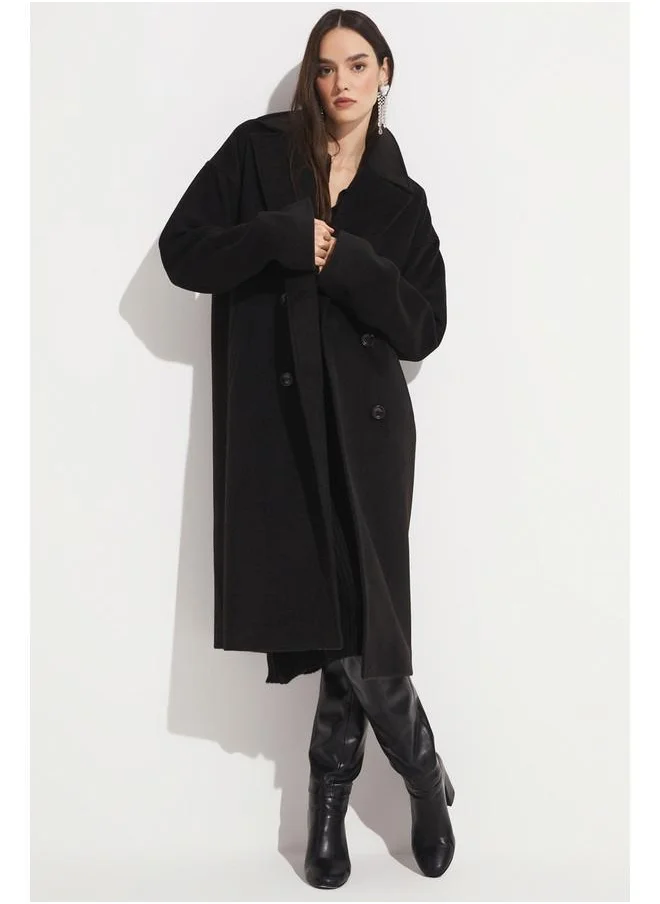 JUNE June Loose Fit Breasted Coat Black