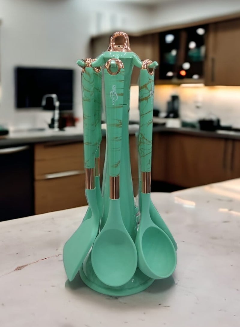 Silicone distribution set 6 pieces with high-quality plastic handle + 1 holder - TURQUOISE  - Image 1