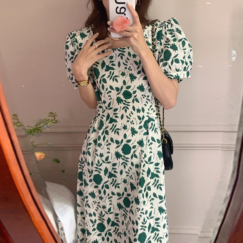 Daisy Tea Break Skirt Floral Skirt Lace-up Waist Square Collar Slimming Puff Sleeve Mid-length Dress Childrens Summer Picture Color