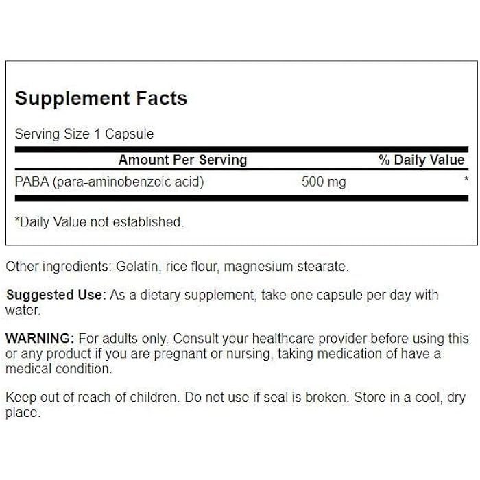 Swanson PABA - Powerful B Complex Supporting Red Blood Cell Formation - Folic Acid Component Aiding Supply Oxygen to Cells and Skin Health Support - (120 Capsules, 500mg Each) - Image 2