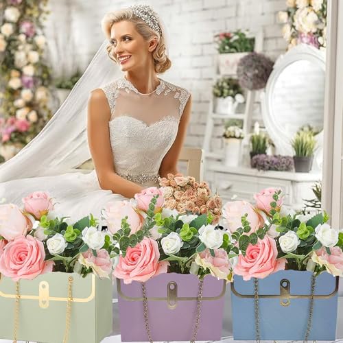 Wazoci 4pcs Paper Flower Bags for Bouquets, Flower Boxes for Arrangements, Paper Flower Gift Bags with Handles Florist Supplies for Weddings Mother's Day (Beige) - Image 3