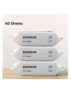 SEEDNUR Organic Pure Cotton Baby Water Wipes, Specially Crafted for Sensitive Skin Gentle, Eco-friendly and Suitable for Sensitive Skin Perfect for Travel and Everyday Use Pack of 3 (20 Wipes/Bag)  - Image 1