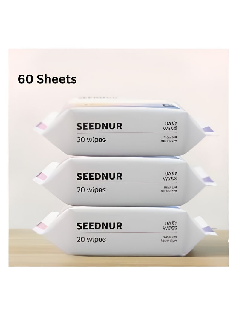 SEEDNUR Organic Pure Cotton Baby Water Wipes, Specially Crafted for Sensitive Skin Gentle, Eco-friendly and Suitable for Sensitive Skin Perfect for Travel and Everyday Use Pack of 3 (20 Wipes/Bag)  - Image 1
