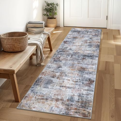 IOHOUZE Abstract Runner Rug 2x6 Ft Washable Runners for Hallways, Non Slip Kitchen Runner Soft Printed Faux Wool Entryway Runner Indoor, Modern Abstract Floor Carpet for Hall Bedroom, Orange Grey - Image 1