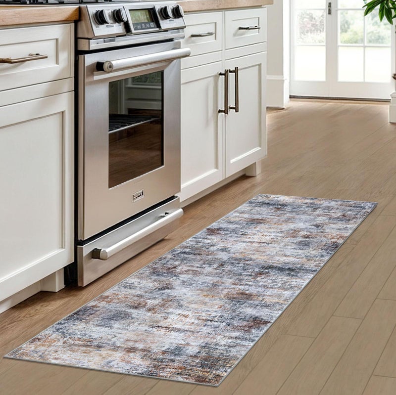 IOHOUZE Abstract Runner Rug 2x6 Ft Washable Runners for Hallways, Non Slip Kitchen Runner Soft Printed Faux Wool Entryway Runner Indoor, Modern Abstract Floor Carpet for Hall Bedroom, Orange Grey - Image 2