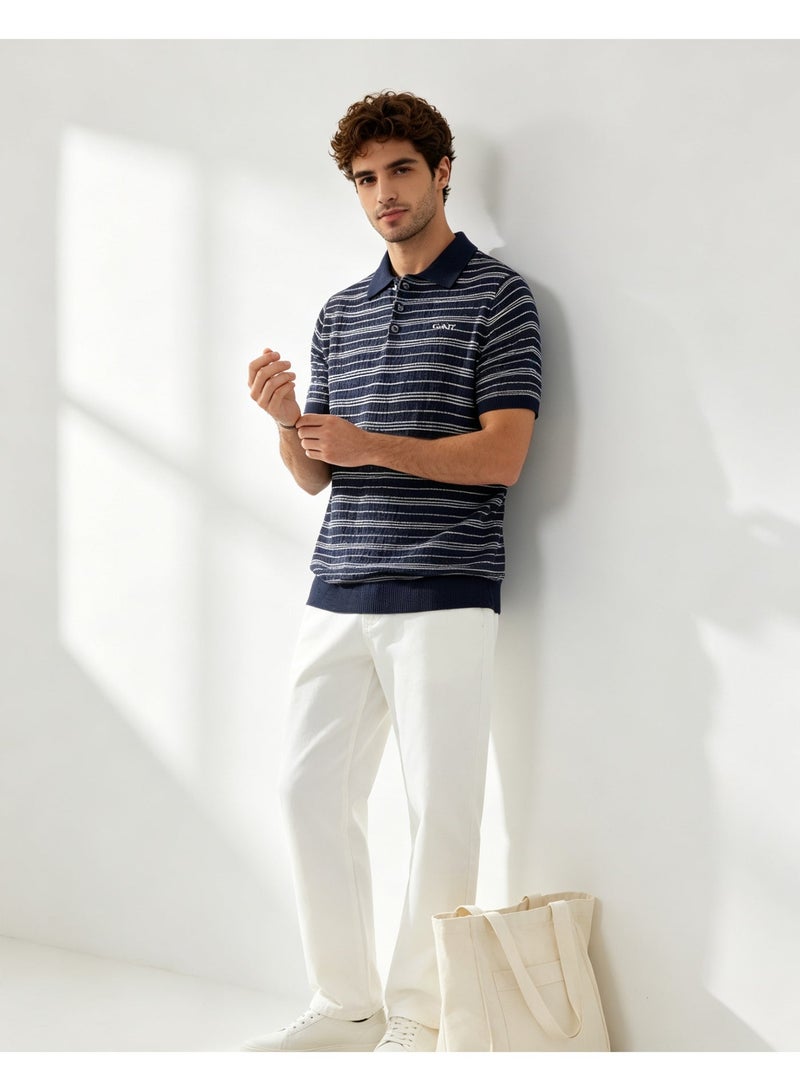 GANT Unisex Short Sleeve Polo Shirt Classic Striped Regular Fit Casual Daily Wear Navy Blue For Men And Women - Image 5