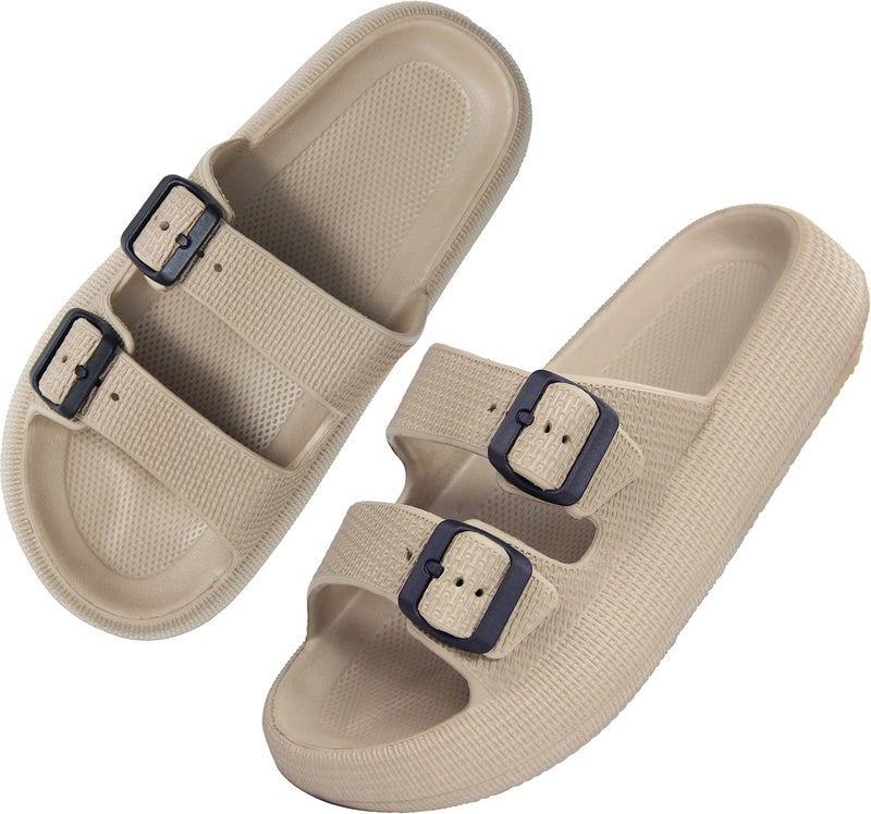 BenSorts Men Women Cushion Foam Sandal 2 Buckle Adjustable pillow Slippers slides Family House Bathroom Shower Shoes Slippers Khaki Men Size 7 8 Women Size 8 9 - Image 1