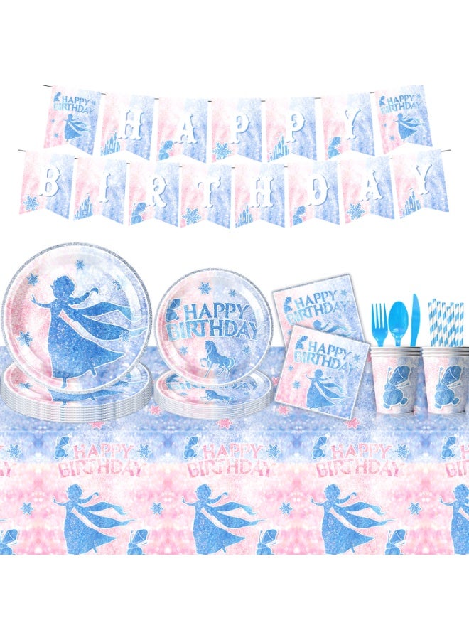 Snow and ice Party Decorations for 10 Guests, 92pcs  Disposable Party Tableware Set Theme Plates Napkins Tablecover  Happy Birthday Banner etc  Birthday Party Supplies  - Image 1