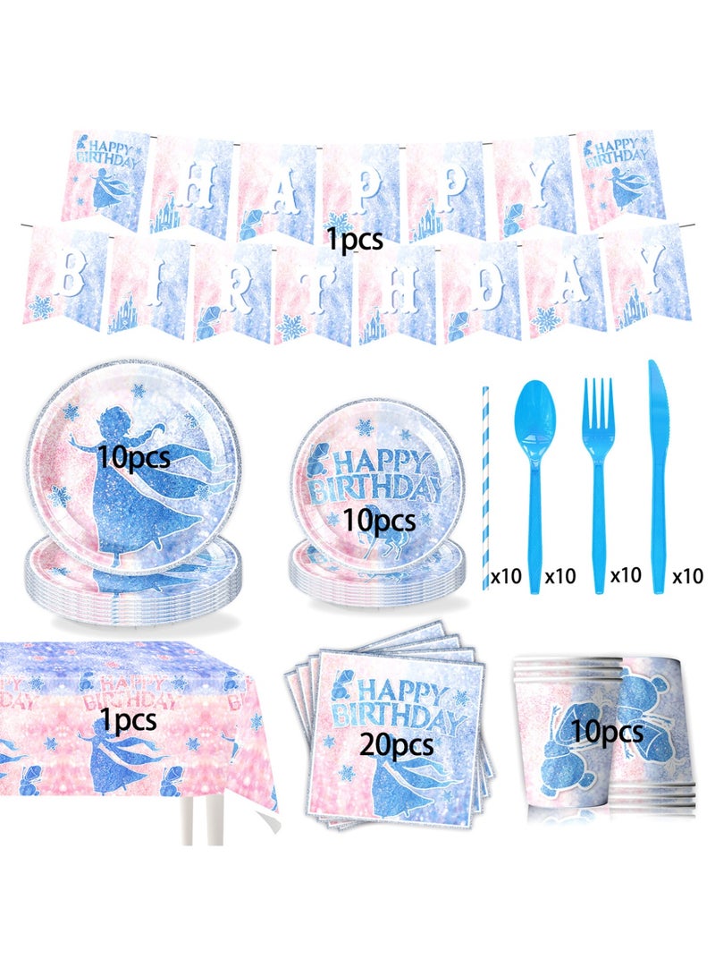 Snow and ice Party Decorations for 10 Guests, 92pcs  Disposable Party Tableware Set Theme Plates Napkins Tablecover  Happy Birthday Banner etc  Birthday Party Supplies  - Image 2