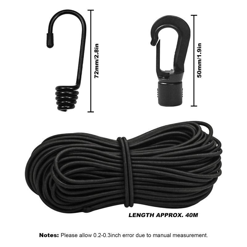 Bac-kitchen 1/4"Bungee Shock Cords with Hooks, 130Feet Elastic Nylon Cords Kayak Stretch String Rope for Bikes, Tie Downs, Boating, Camping,Cars,Sunshades, Fitness,Outdoor Enthusiasts (1/4 inch x 130 feet, Black) - Image 2