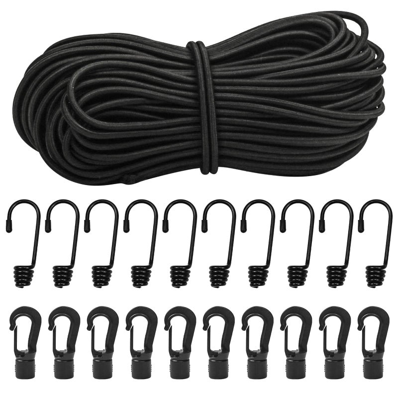 Bac-kitchen 1/4"Bungee Shock Cords with Hooks, 130Feet Elastic Nylon Cords Kayak Stretch String Rope for Bikes, Tie Downs, Boating, Camping,Cars,Sunshades, Fitness,Outdoor Enthusiasts (1/4 inch x 130 feet, Black) - Image 1