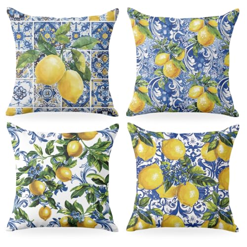 CQM Secret Santa Gifts Italy Lemon Throw Pillow Covers, 4 PCs Pillow Covers 18x18, Lemon Decor Italian Gifts Pillow Cases Decorative Pillow Protectors Living Room Bedroom Home Decor for Cushion Car Bed - Image 1