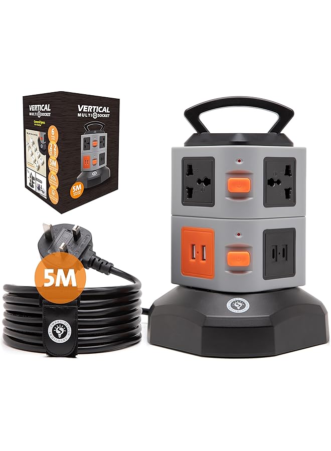 Smart Design Solutions Smart Design Solutions Vertical Extension Cord & Universal Power Tower: 5-15m Multi-Socket Cable, Surge Protector with USB-C, USB Ports, Type-C Charger, and Electric Plug for Home or Office Use  - Image 1