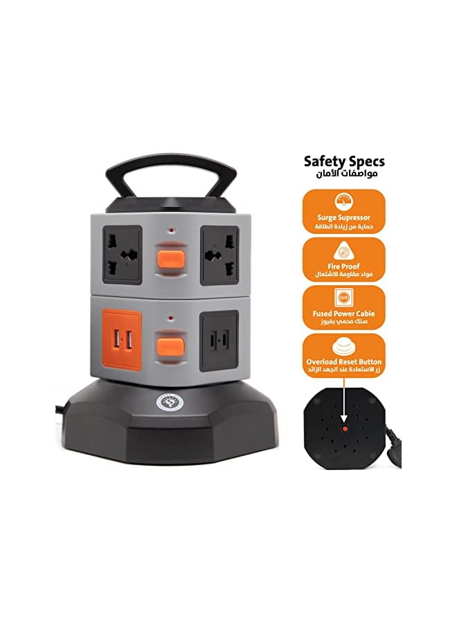 Smart Design Solutions Smart Design Solutions Vertical Extension Cord & Universal Power Tower: 5-15m Multi-Socket Cable, Surge Protector with USB-C, USB Ports, Type-C Charger, and Electric Plug for Home or Office Use  - Image 3