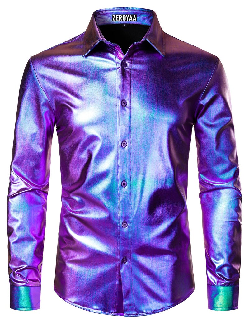 ZEROYAA Men's 70s Disco Button-Down Shirt Shiny Metallic Long-Sleeve Costume for Party Prom Laser Purple Large - Image 1