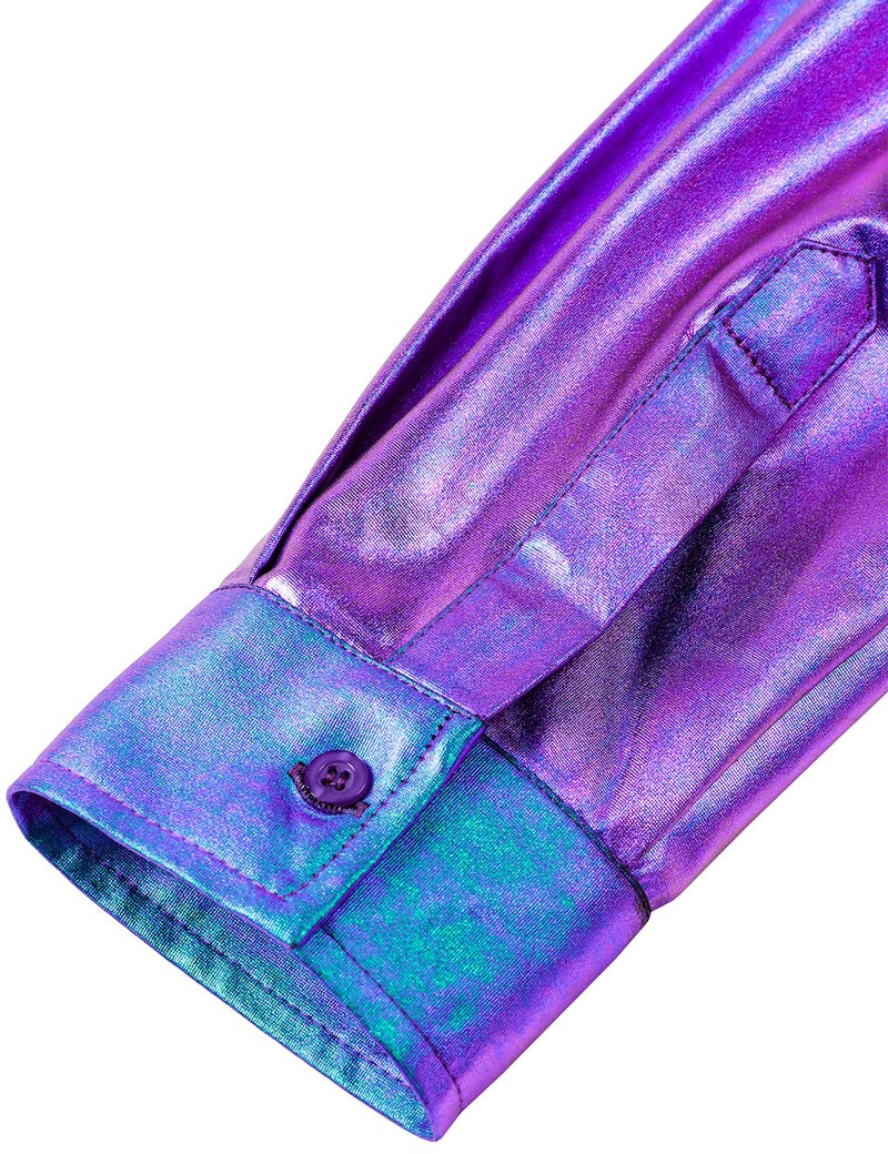 ZEROYAA Men's 70s Disco Button-Down Shirt Shiny Metallic Long-Sleeve Costume for Party Prom Laser Purple Large - Image 4