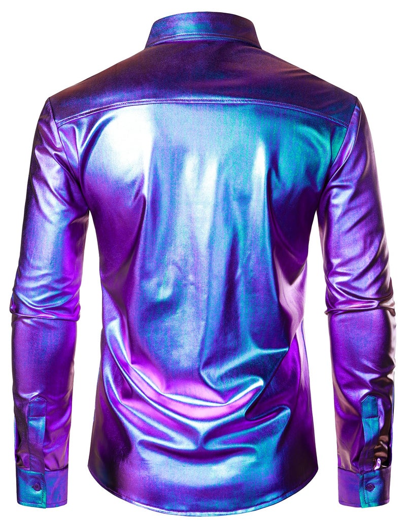 ZEROYAA Men's 70s Disco Button-Down Shirt Shiny Metallic Long-Sleeve Costume for Party Prom Laser Purple Large - Image 2