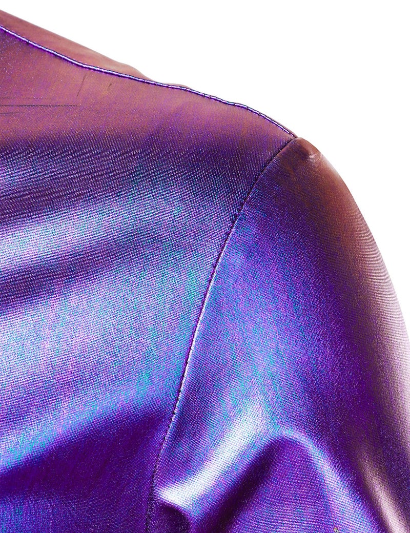 ZEROYAA Men's 70s Disco Button-Down Shirt Shiny Metallic Long-Sleeve Costume for Party Prom Laser Purple Large - Image 3