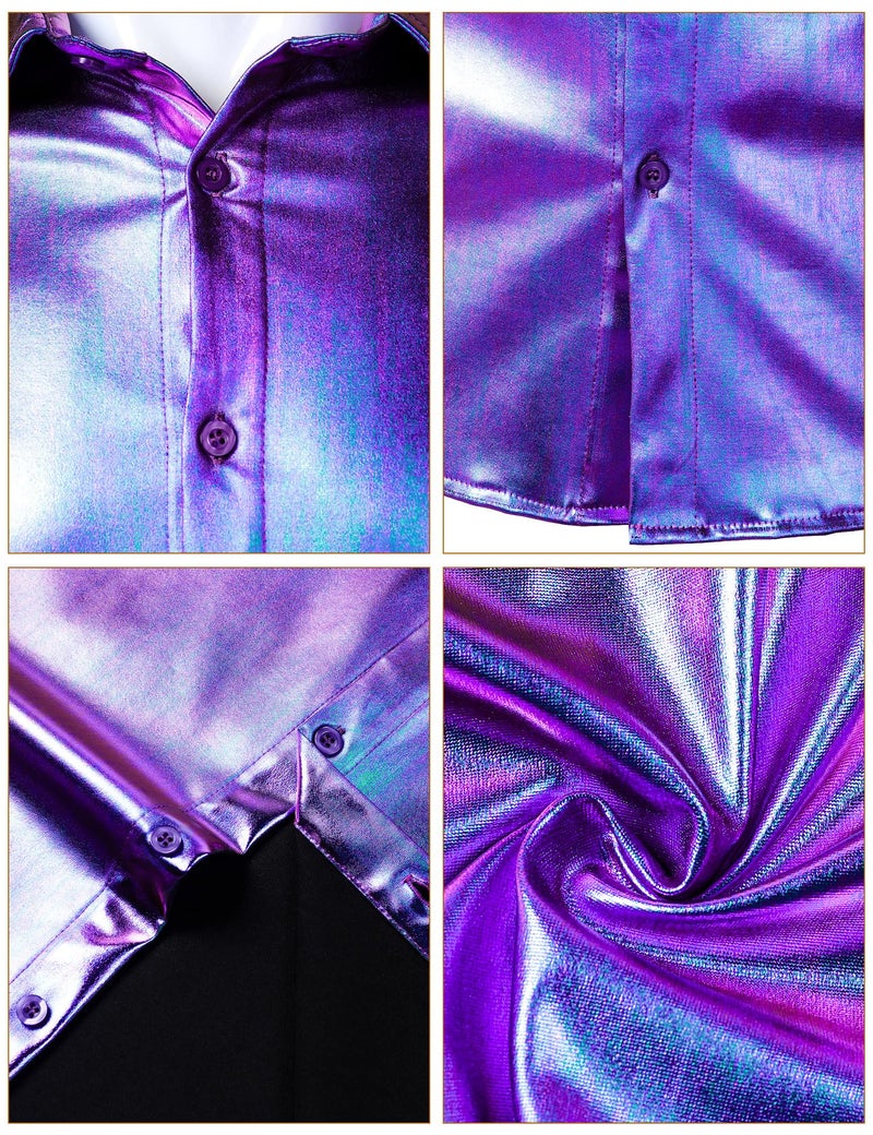 ZEROYAA Men's 70s Disco Button-Down Shirt Shiny Metallic Long-Sleeve Costume for Party Prom Laser Purple Large - Image 5
