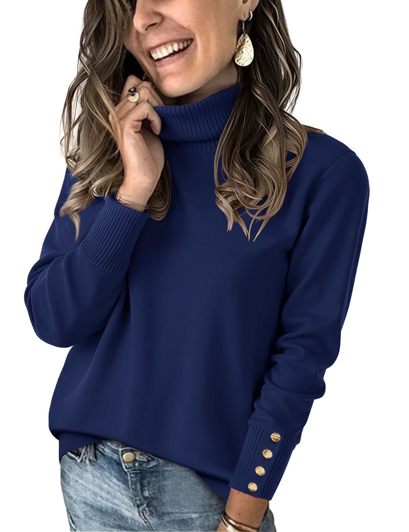 Rapbin Turtleneck Knitted Sweaters for Women Long Sleeve High Low Hem Pullover Sweater with Metal Buttons(Navy Blue,M) - Image 2