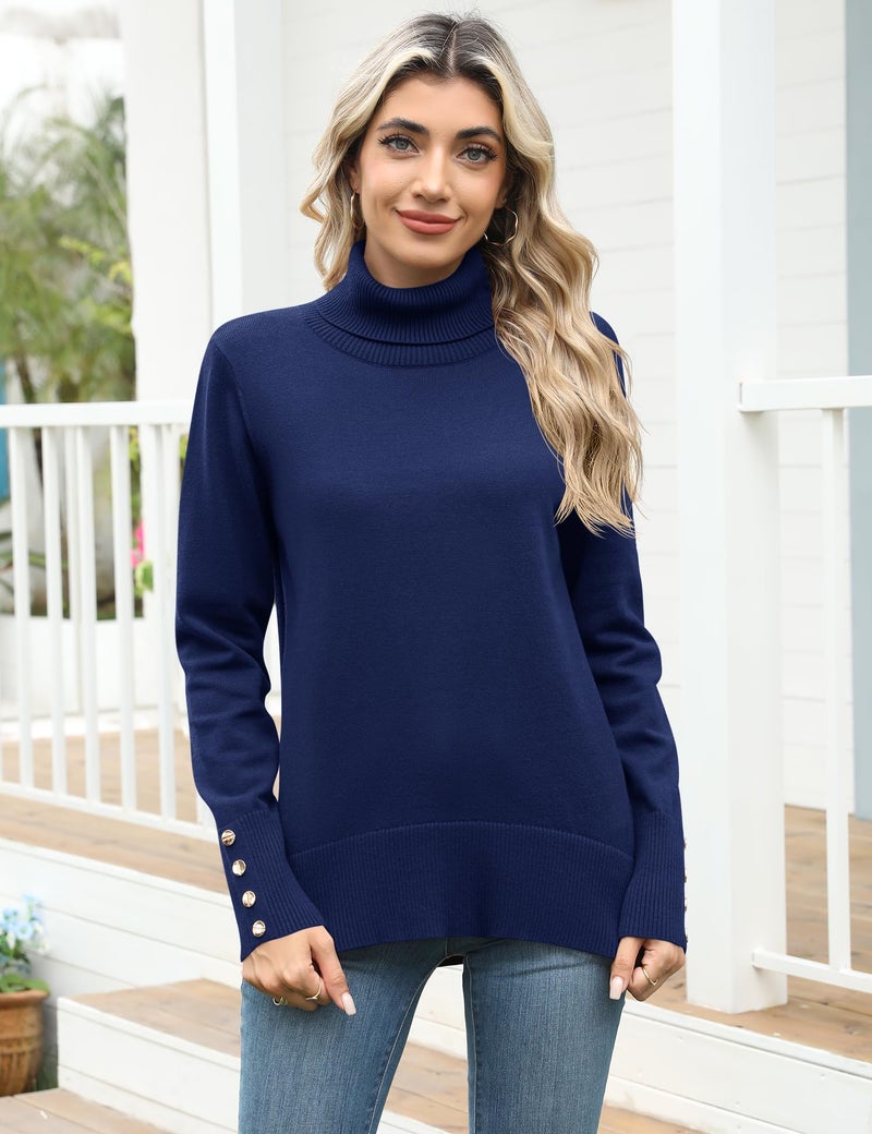 Rapbin Turtleneck Knitted Sweaters for Women Long Sleeve High Low Hem Pullover Sweater with Metal Buttons(Navy Blue,M) - Image 4