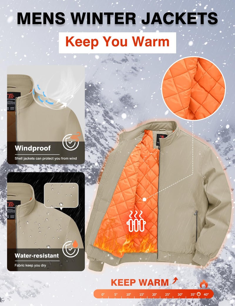 TBMPOY Men's Winter Lightweight Bomber Jackets Water Resistant Fall Casual Windbreakers Quilted Full Zip Windproof Work Coats Light Khaki S - Image 4