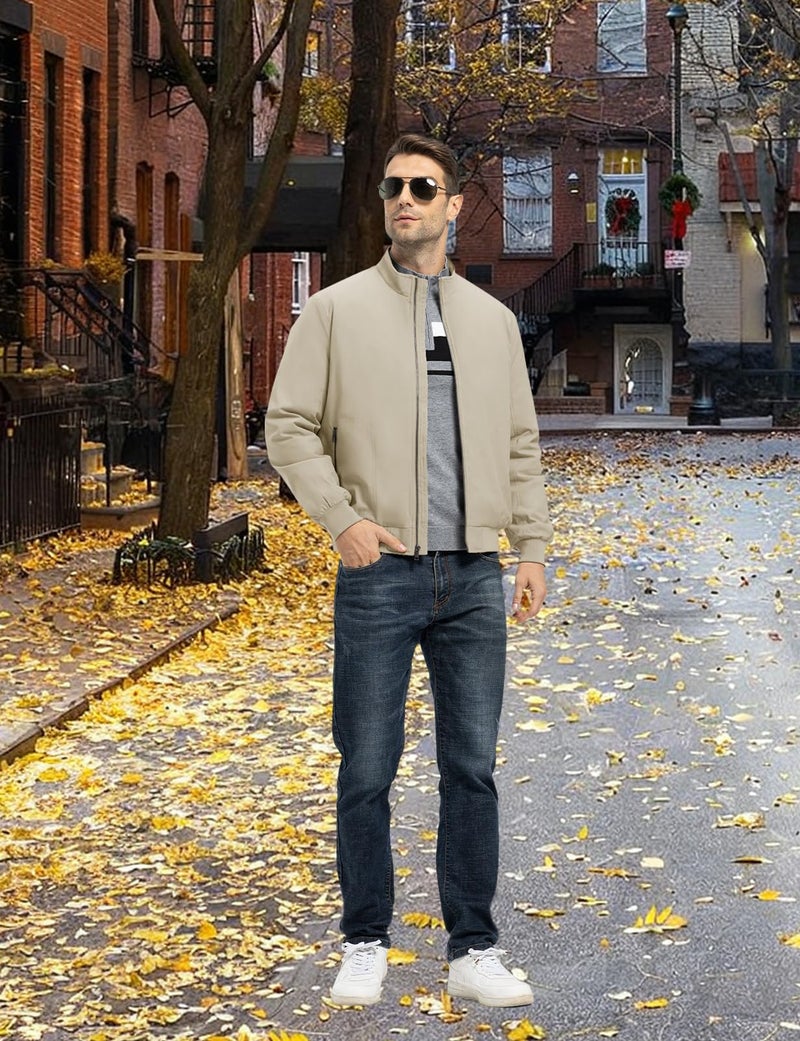 TBMPOY Men's Winter Lightweight Bomber Jackets Water Resistant Fall Casual Windbreakers Quilted Full Zip Windproof Work Coats Light Khaki S - Image 3