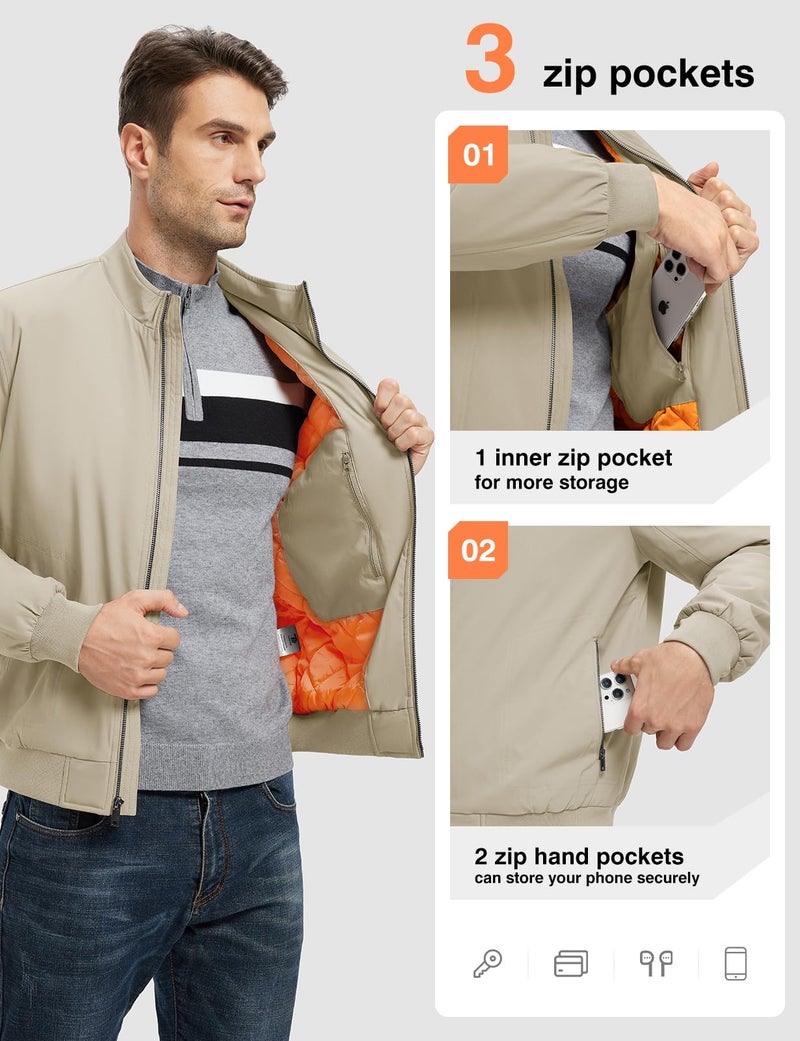 TBMPOY Men's Winter Lightweight Bomber Jackets Water Resistant Fall Casual Windbreakers Quilted Full Zip Windproof Work Coats Light Khaki S - Image 5